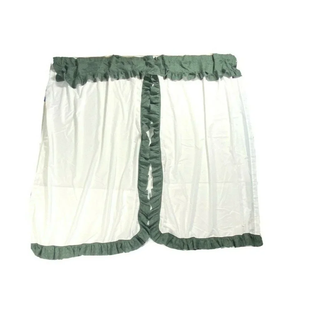 2 Vintage 60s 70s Complete Window Treatments Green White Curtains Handmade Rare